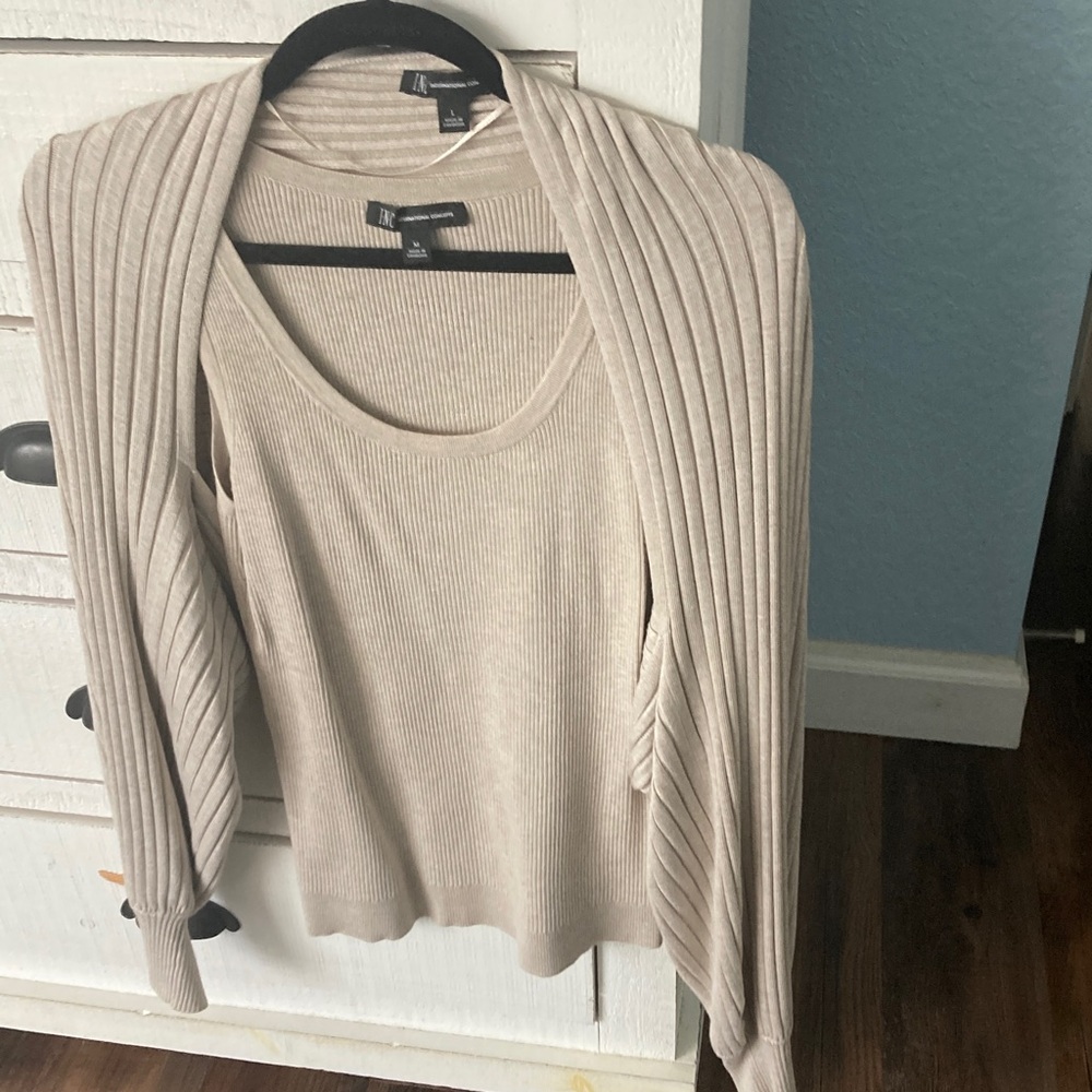 INC International Concepts Ribbed Cream Sweater and Shrug Set